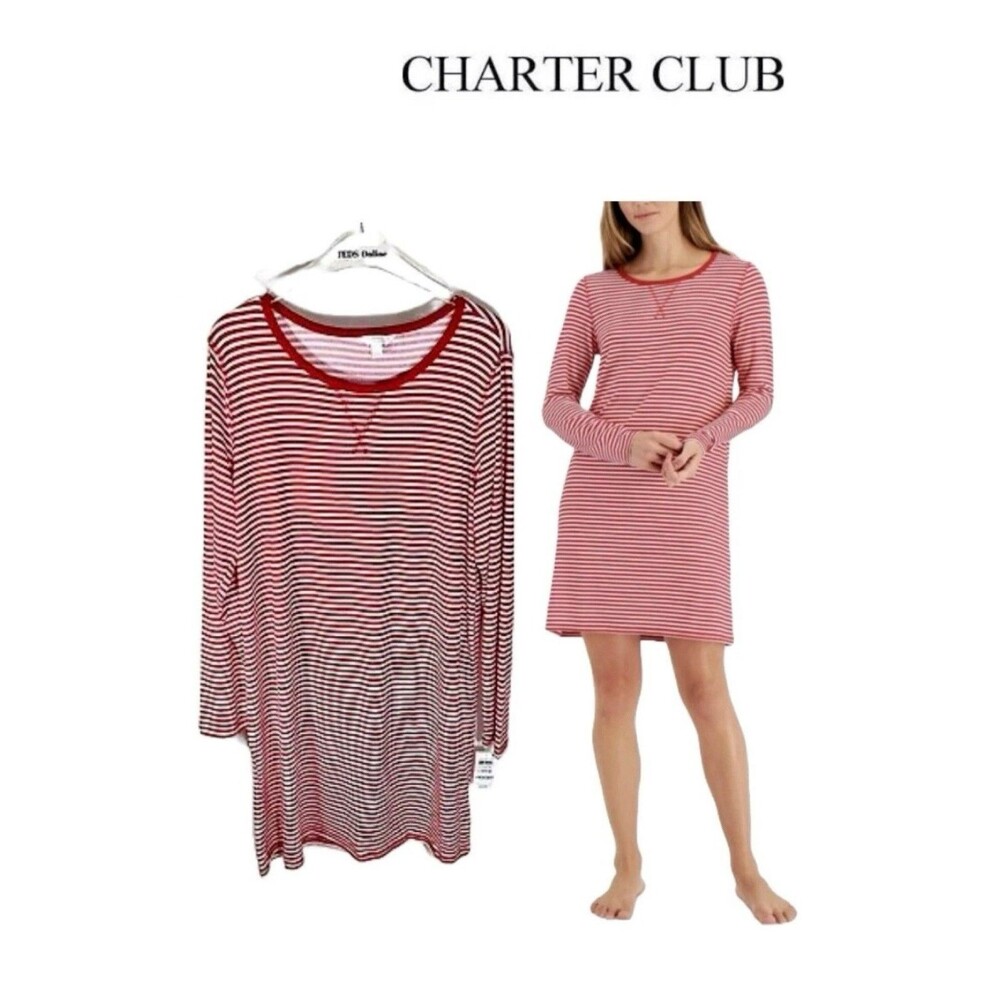 NWT Charter Club Womens XL Sleepshirt Candy Red Stripe 100154833 $40